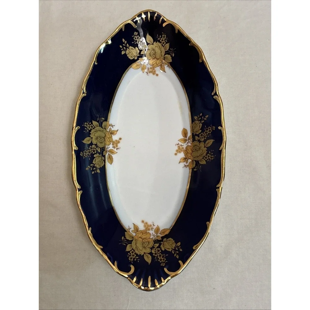 A.I. Czech Republic Design Porcelain Platter Blue Gold Floral Oval 10.5x5.5